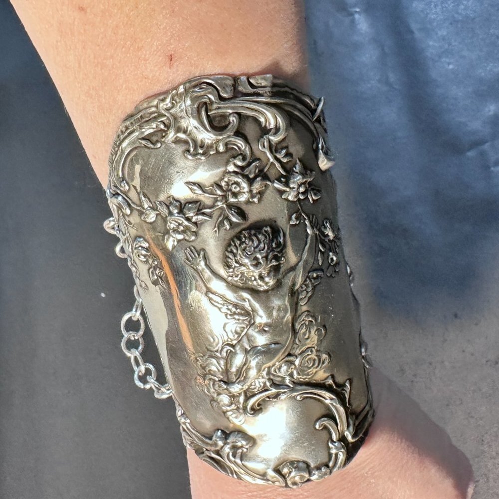 Antique Sterling Silver Cherub Gladiator Cuff Bracelet Victorian Art Nouveau - Picture 9 of 15